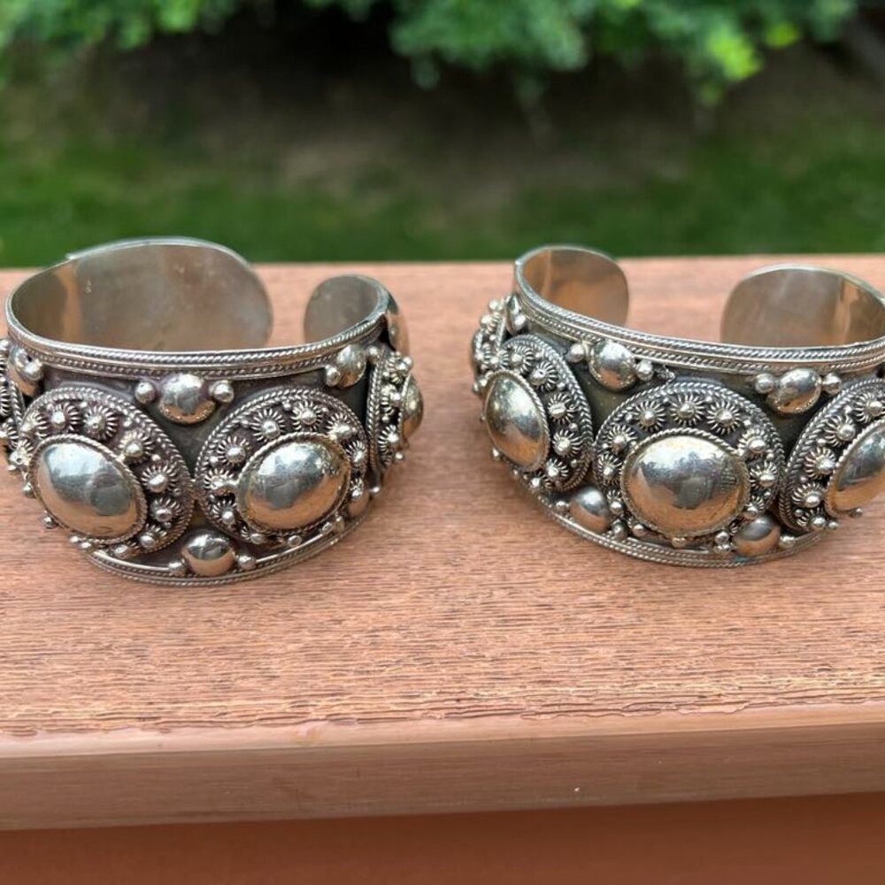 Vintage Antique Huge Siam Sterling Silver Wide Cuff Bracelet Set "Rare"